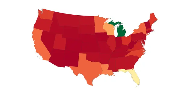 Diverging Color Palette Example of Water Area by State