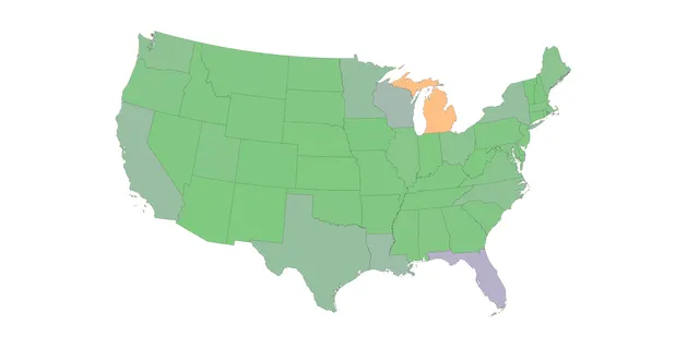 Qualitative Color Palette Example of Water Area by State
